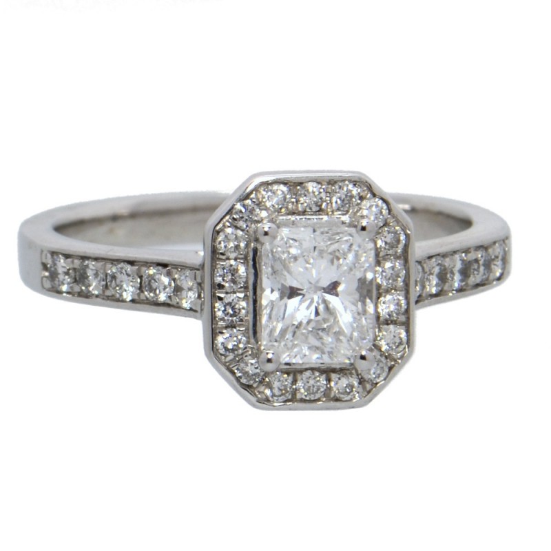 18ct White Gold Emerald Cut Diamond (0.49ct approx) Ring with Surrounding Cluster & Stone Set Shoulders (0.30ct approx)